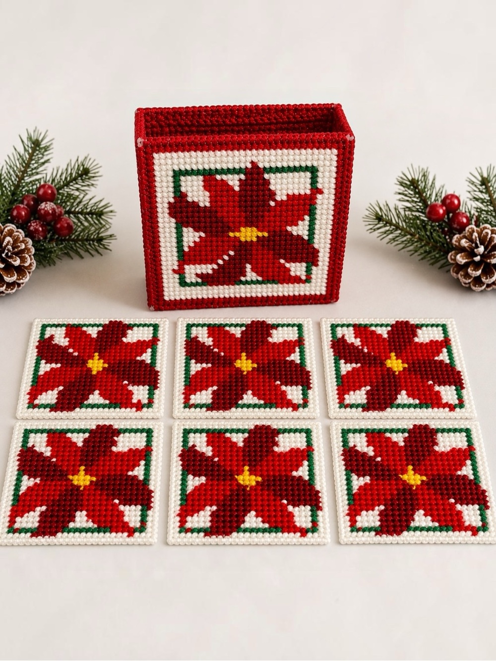 Vtg Handmade Plastic Canvas Poinsettia Coaster St 6 Christmas Needlepoint Box